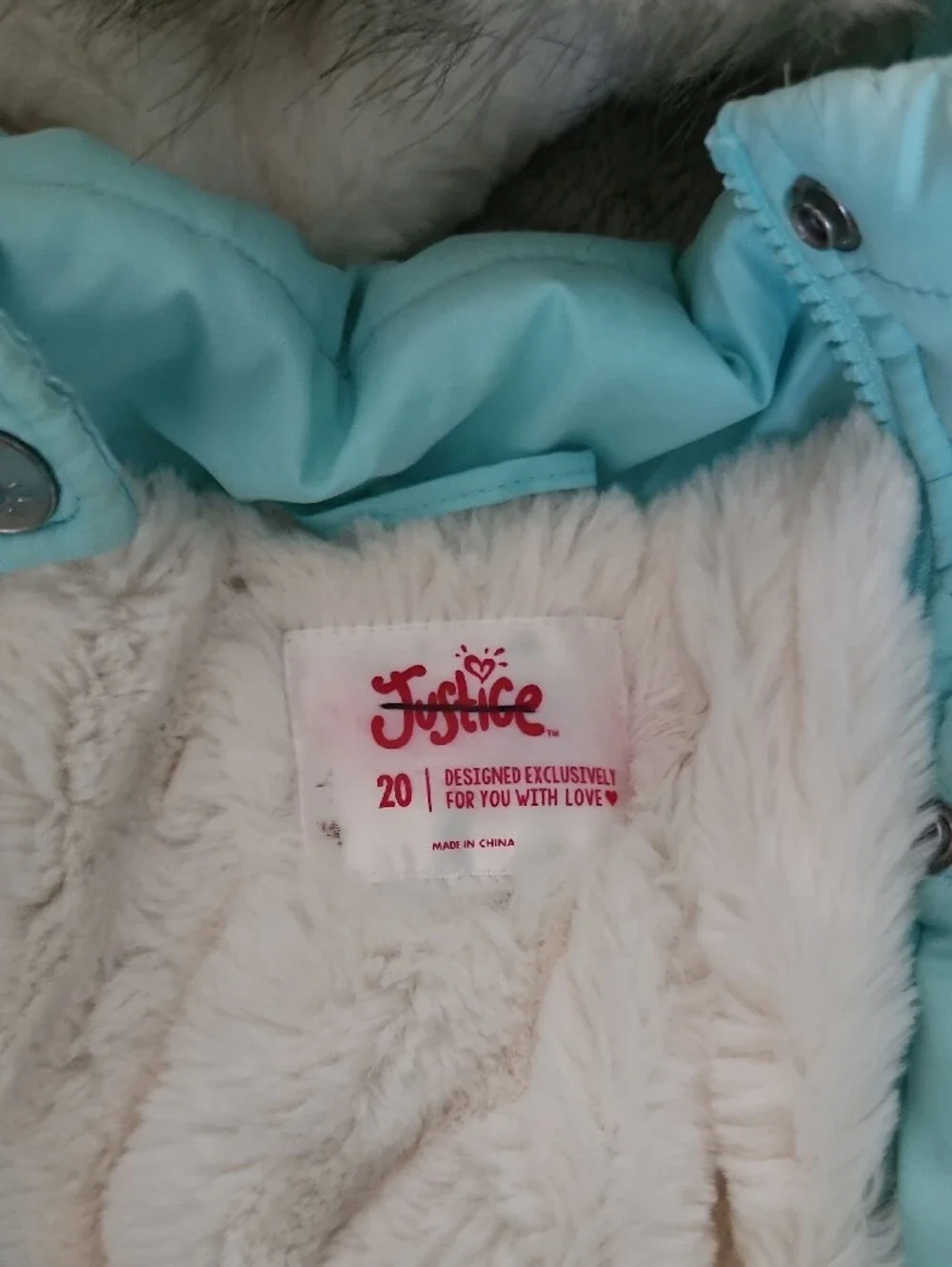 Justice Mint Blue Quilted Puffer Coat with Faux Fur Hood